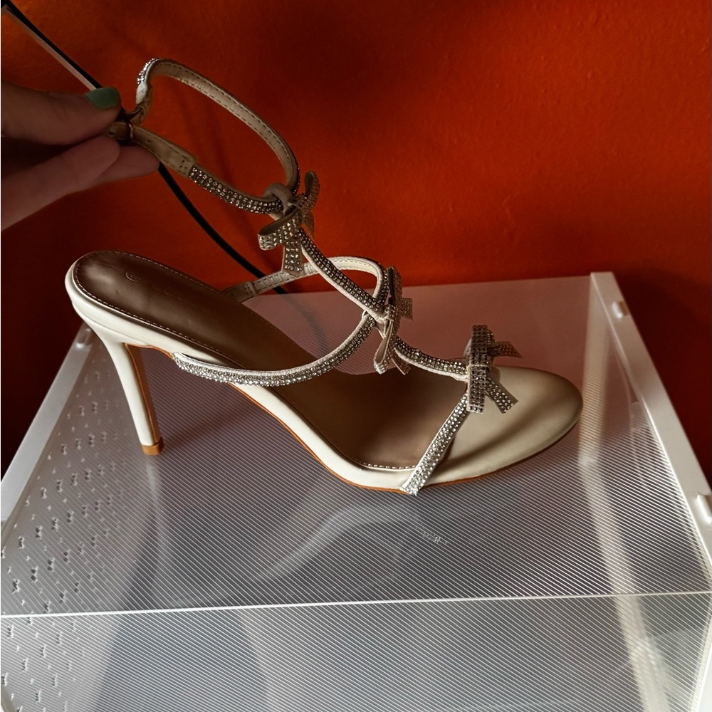 Rhinestone Bow Ankle-Strap High Heel Sandals in Silver